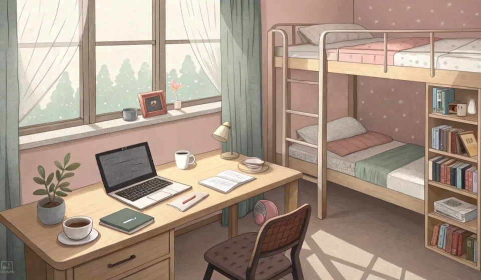 How to Ask Your Roommate to Share a Textbook in Korean Illustration depicting a cozy Korean dorm room setting with two desks, highlighting an open textbook...
