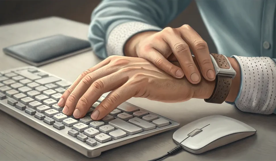 How to Say RSI in Korean Illustration showing hands near a keyboard, one hand indicating wrist pain, symbolizing repetitive s...
