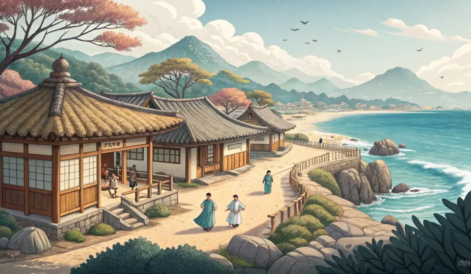 How to Say Special Tax for Rural Development in Korean Illustration of a vibrant Korean farming and fishing village, symbolizing rural development, for a l...