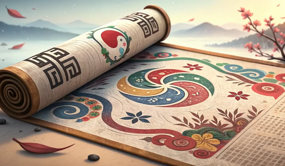 How to Get a Saju Reading in Korean Illustration symbolizing a Korean Saju fortune reading, with a traditional scroll, abstract chart sy...