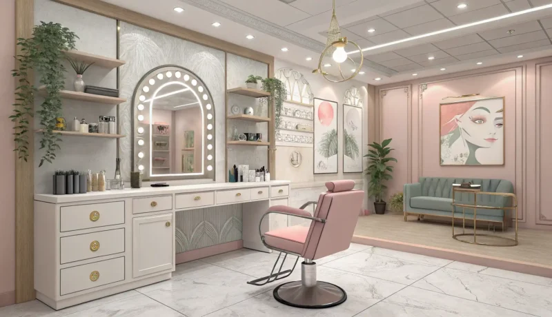 Explaining Your Desired Hairstyle at a Korean Salon Interior view of a modern Korean hair salon focusing on an empty stylist's chair, mirror, and hairdr...