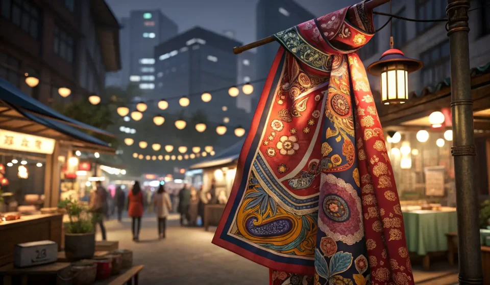 How to Ask About a Traditional Scarf’s Dyeing Process in Korean (Focusing on Limited Time) Close-up of a colorful, traditionally dyed Korean silk scarf displayed at a night market stall, high...