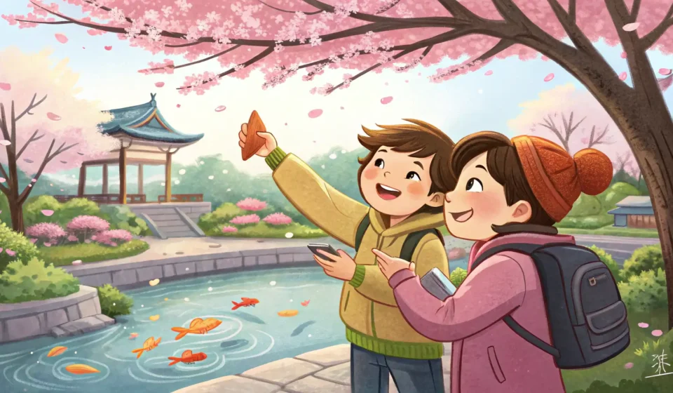 How to Plan a Scavenger Hunt with a Friend in Korean Illustration of two friends in a park, one presenting a scavenger hunt clue, representing how to pla...