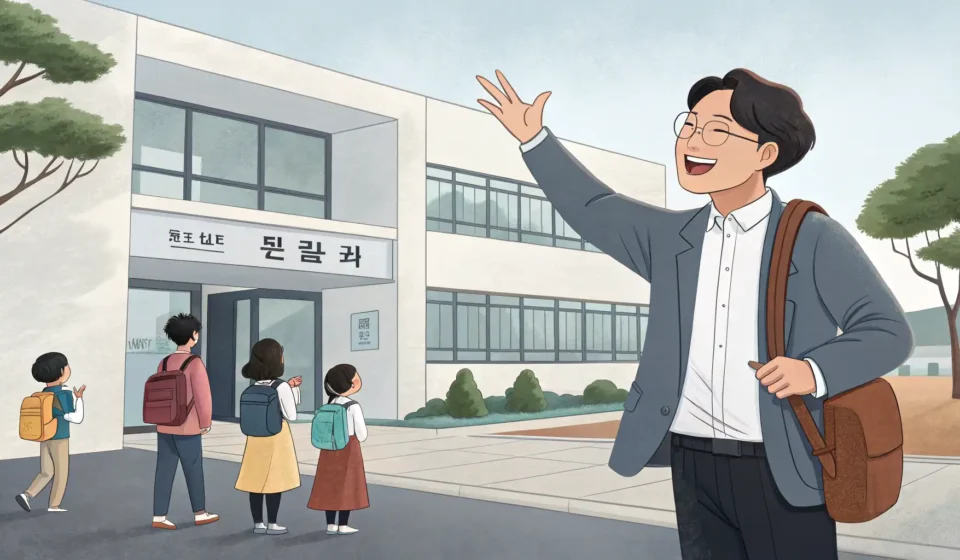 How to Discuss School Consultations in Korean A friendly Korean teacher stands welcomingly at the entrance of a Korean school, representing the to...