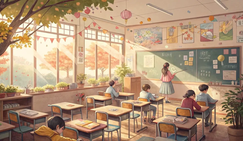 Attending a Child’s School Consultation in Korean Illustration of an empty, sunlit Korean elementary classroom, representing the setting for a parent-...