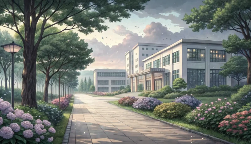 Korean School Registration Guide Illustration depicting students walking towards the entrance of a modern Korean university, represen...