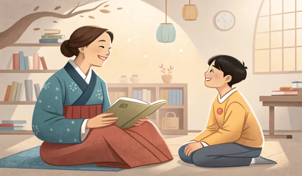 Consulting with a School Teacher in Korean Illustration depicting a parent and a Korean teacher engaged in a friendly consultation within a bri...