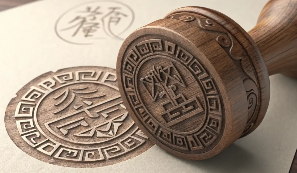 Making a Korean Personal Seal (Dojang) A close-up image showing a traditional Korean personal seal (dojang) made of wood, placed next to a...