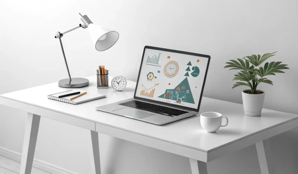 How to Say Search Advertising Business in Korean Minimalist illustration of a modern Korean workspace with a laptop showing abstract digital marketin...
