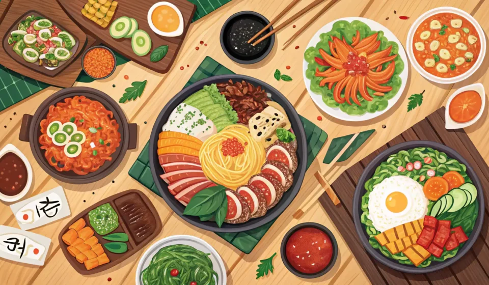 How to Ask for Seasonal Food Recommendations in Korean A colorful overhead shot of various Korean seasonal dishes arranged beautifully on a wooden table, s...