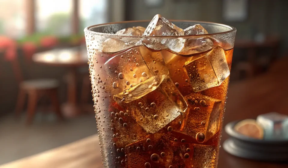 Handling a Customer Request for Colder Iced Tea in Korean A close-up image of a very cold glass of iced tea overflowing with ice, set in a modern Korean cafe...