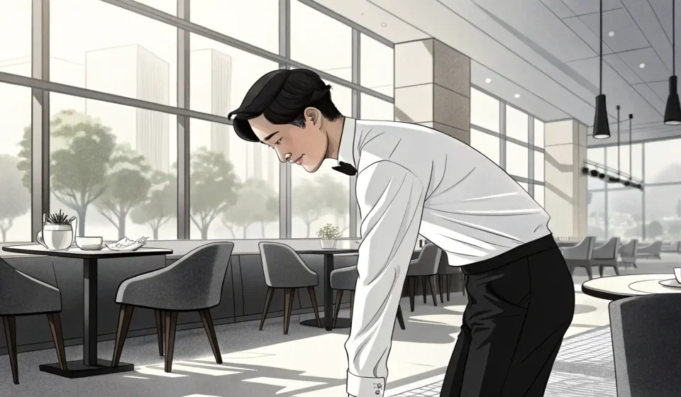 Handling Customers Requesting Faster Service in Korean Illustration of a Korean waiter politely interacting in a restaurant, representing Korean service ph...