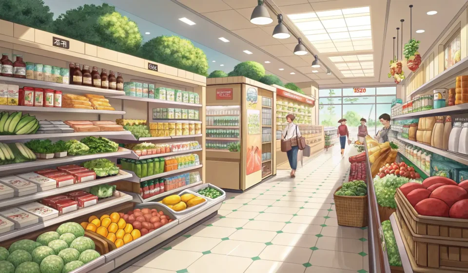 How to Ask About Bulk Tissue Deals in Korean Aisle in a modern Korean supermarket neatly stocked high with household paper goods like tissues, re...