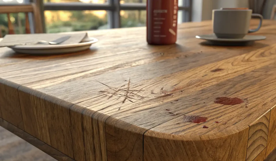 Asking for a Discount on a Scratched Table in Korean A close-up image showing a scratch on a wooden table surface next to several Korean Won coins, symbo...