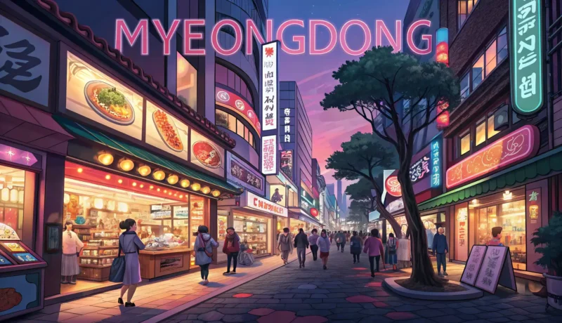 How to Say Shopping in Korean Vibrant Korean shopping street at dusk with glowing neon signs and bustling shops, illustrating the...