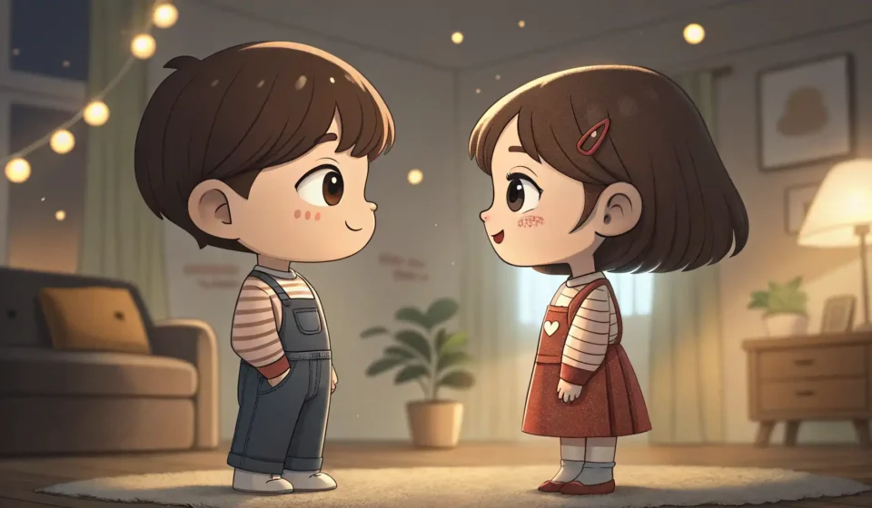 Sibling Arguments: Choosing the Next Trivia Game in Korean Cartoon illustration of a Korean boy and girl sibling looking annoyed at each other, with a large qu...