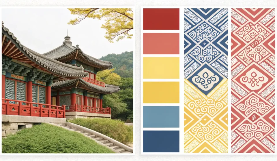 How to Express Sibling Arguments About Choosing a Puzzle in Korean Two different colorful Korean traditional patterns meeting sharply in the center, symbolizing confli...
