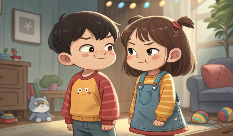 Sibling Rivalry: Arguing Over the New Bike in Korean Illustration of two young Korean children arguing playfully over a new bicycle in a driveway, symbol...