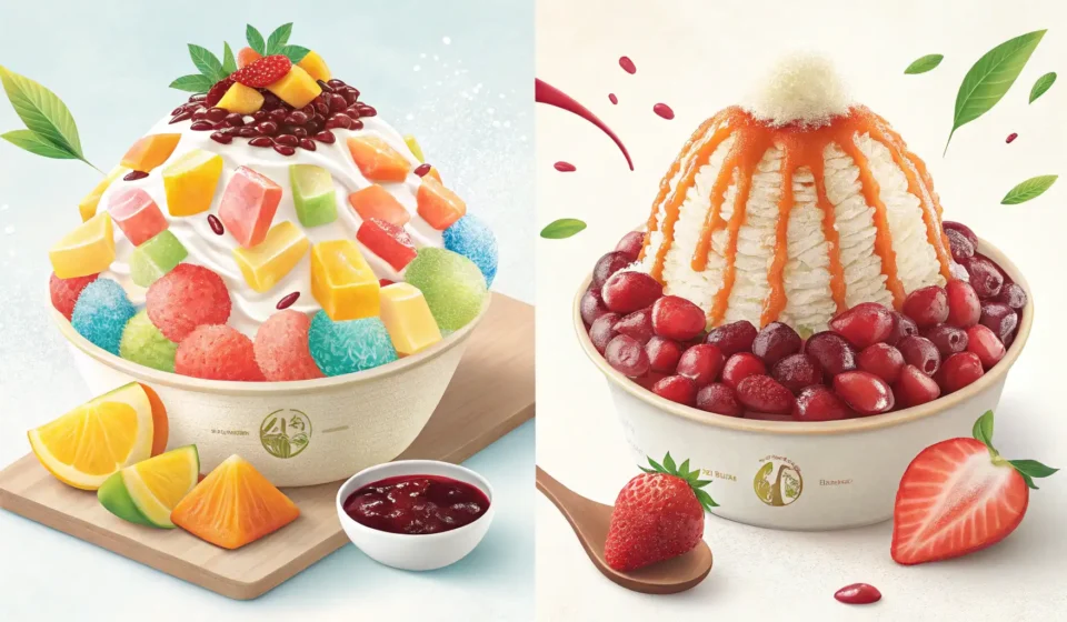 Sibling Squabbles: Arguing Over Dessert in Korean Illustration showing two appealing Korean desserts, bingsu and tteok, side-by-side, symbolizing a si...