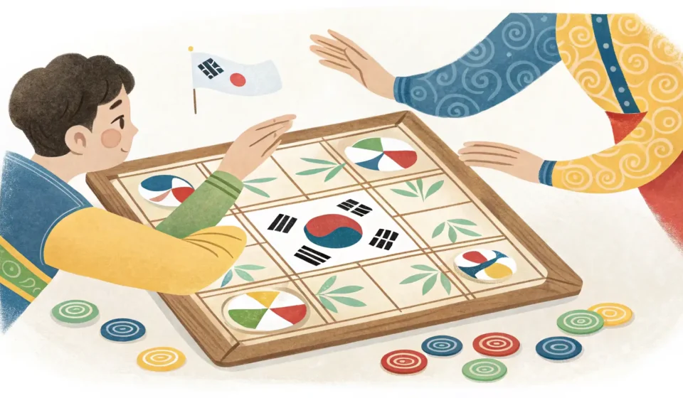 How to Say Siblings Arguing Over a Game in Korean Illustration of two hands reaching for a traditional Korean Yut Nori board game, symbolizing sibling...