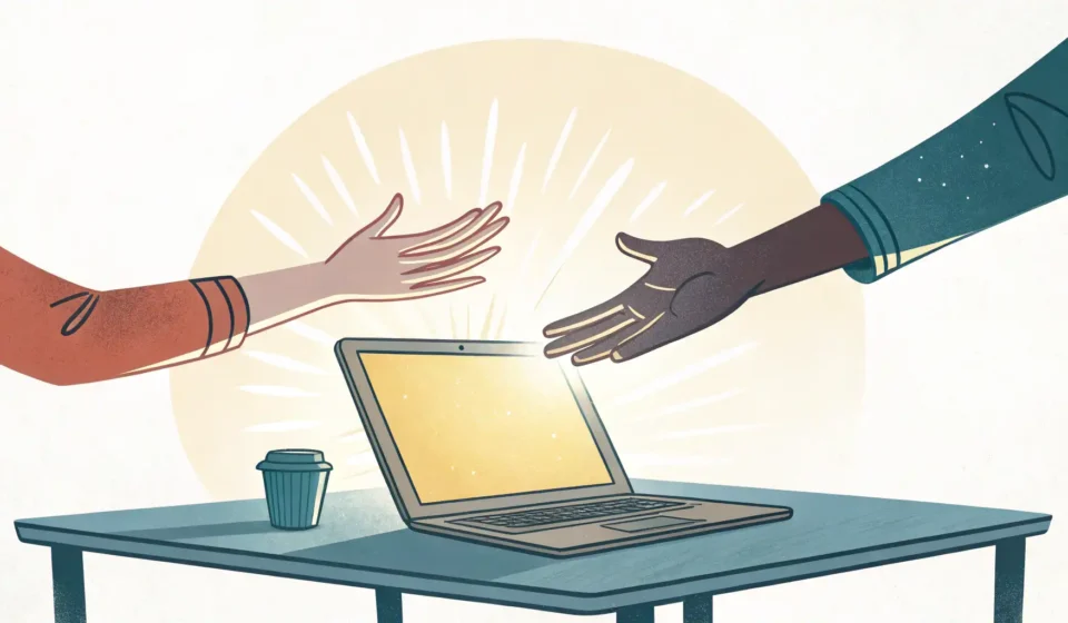 Sibling Laptop Negotiations in Korean Illustration of two hands reaching for one laptop, symbolizing siblings negotiating computer use, re...