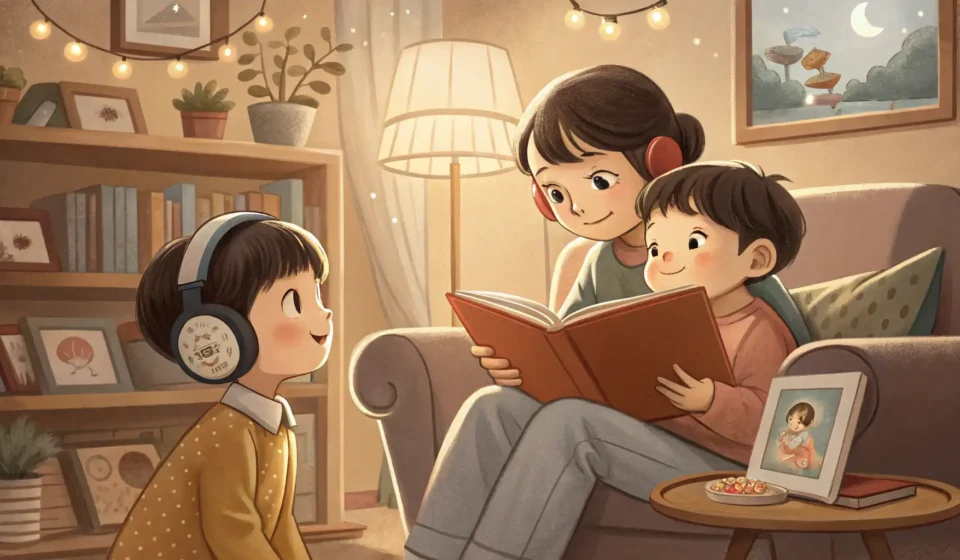 How to Tease Your Sibling About Their Music Taste in Korean Illustration showing one Korean sibling enjoying music with headphones while another sibling playful...