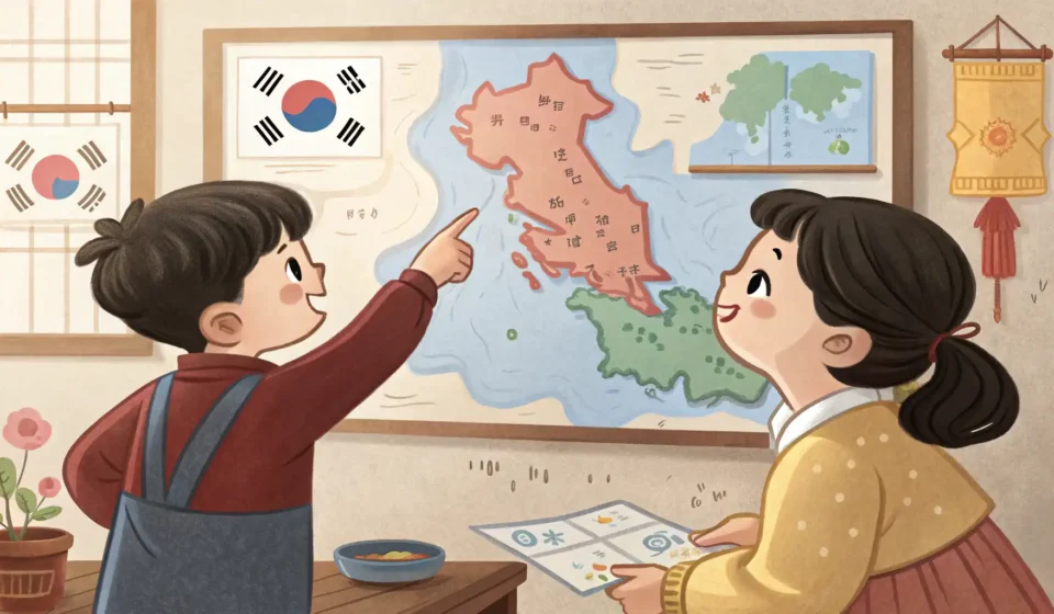 How to Negotiate Choosing a Family Camping Spot in Korean Two Korean siblings discussing a map of Korea to choose a family camping destination, illustrating n...