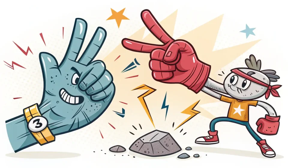 Negotiating Gaming Chair Time with Siblings in Korean Illustration of two hands playing rock-paper-scissors (Gawi-Bawi-Bo) to decide who gets the glowing...
