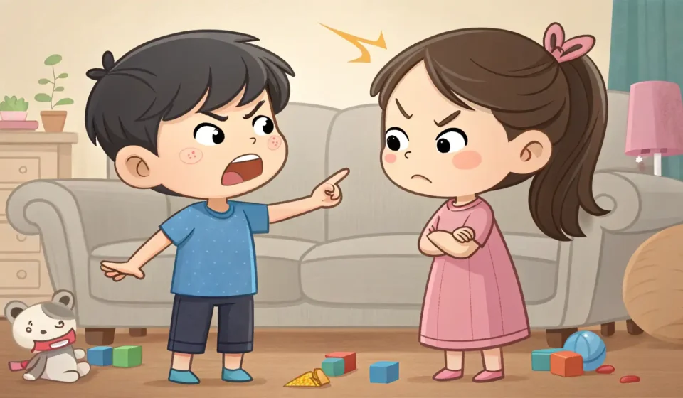 Sibling Rivalry: Arguing Over the Picnic Menu in Korean Two young Korean siblings arguing over which food to bring in a picnic basket, illustrating a common...