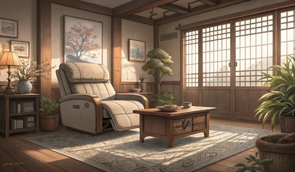 How to Talk About Sibling Squabbles Over the Recliner in Korean A cozy Korean living room featuring a prominent recliner chair, with two pairs of slippers placed ne...