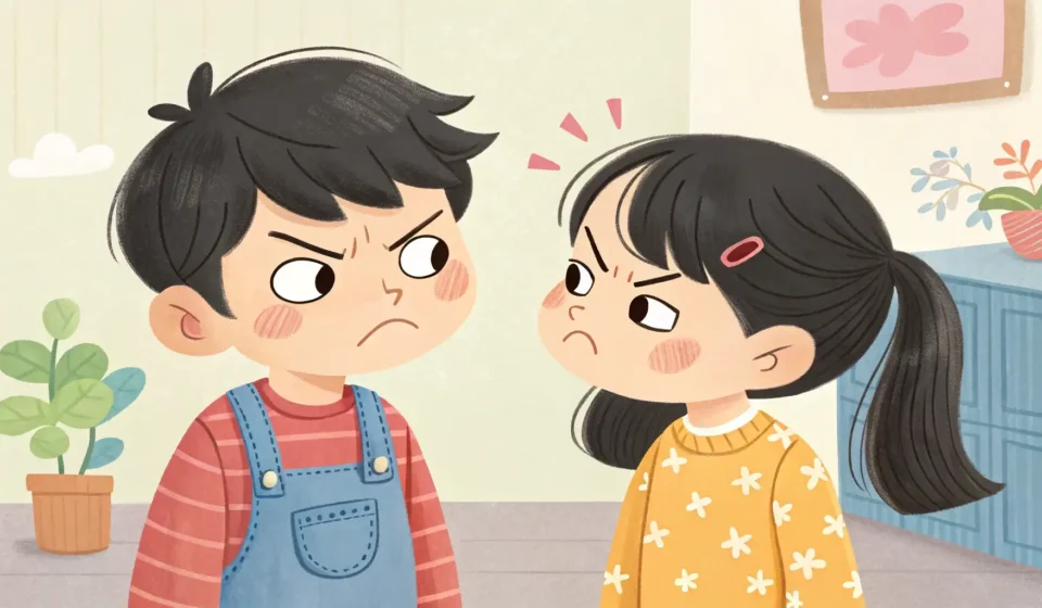 Korean Phrases for Sibling Snack Arguments Illustration showing two young Korean siblings playfully disagreeing over a selection of popular Kor...