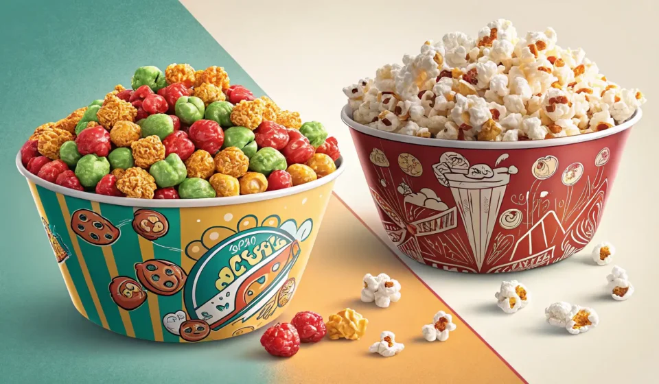 Sibling Snack Wars: Arguing Over Movie Night Choices in Korean Split image showing popcorn versus popular Korean snacks (gwaja), symbolizing a sibling argument ove...