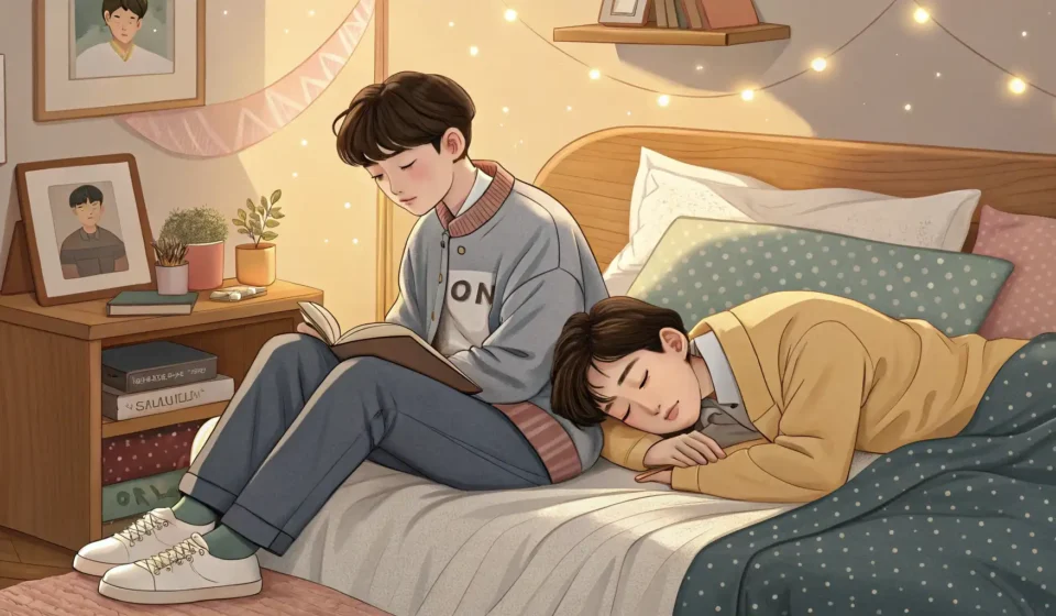 Teasing Your Sibling About Snoring in Korean Illustration of two Korean siblings in a bedroom; one covers their ears playfully while looking anno...