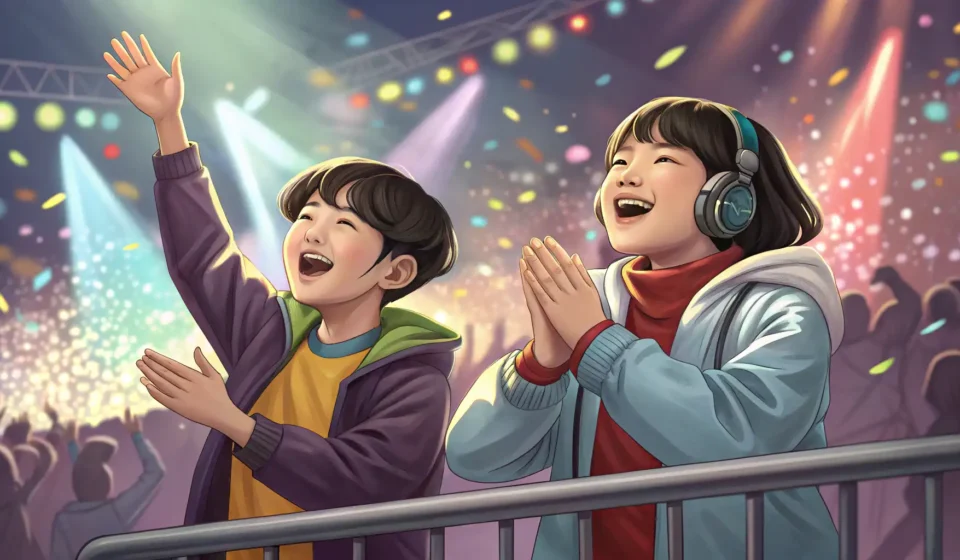 How to Tease Siblings About Loud Clapping in Korean Illustration of two Korean siblings at a concert; one claps very loudly while the other looks playfu...