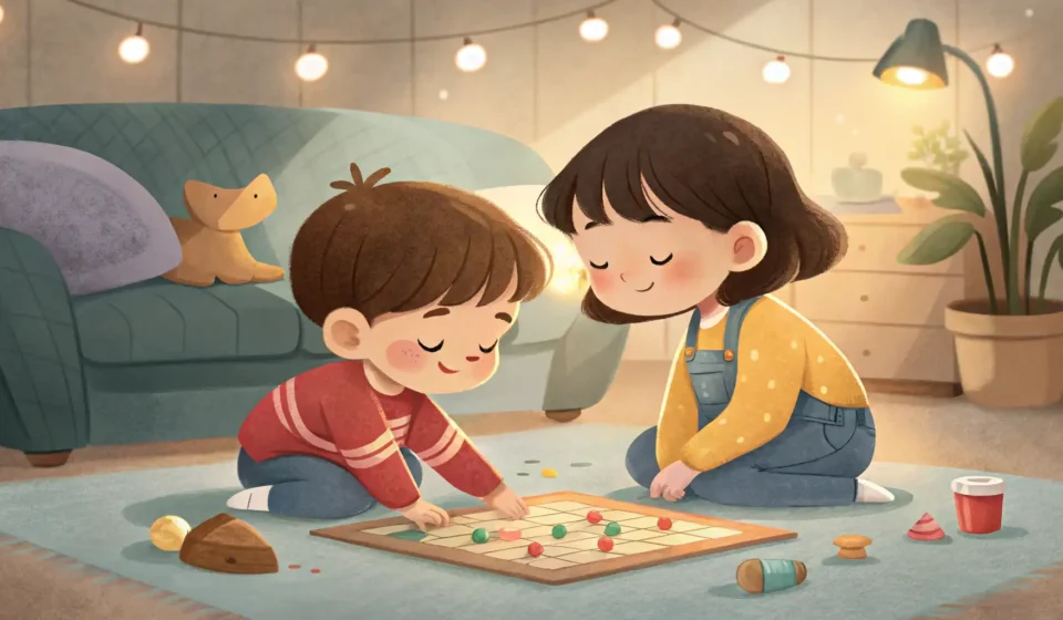 Teasing a Sibling About Loud Sneezing in Korean Illustration of two Korean siblings playing a board game; one covers their ears playfully, reacting...