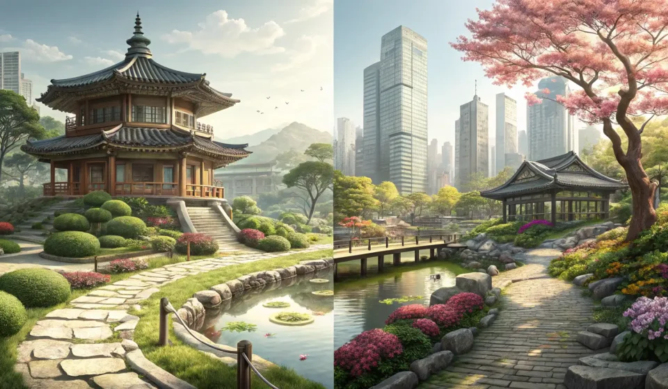 How to Express Sibling Rivalry Over Family Outing Plans in Korean Split image contrasting a traditional Korean temple garden with a modern Seoul market, symbolizing s...