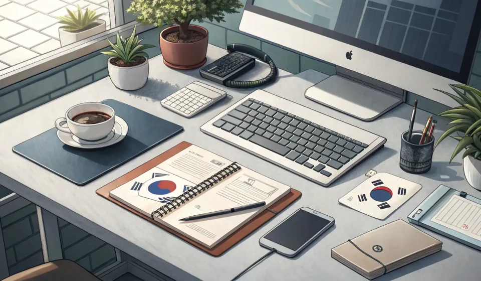 How to Say Sick Leave in Korean Illustration of a Korean office desk with a thermometer and tissues, symbolizing taking sick leave (...