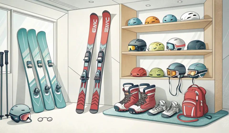 How to Rent Equipment at a Ski Resort in Korean Illustration of ski and snowboard gear neatly organized inside a Korean ski resort rental shop, read...