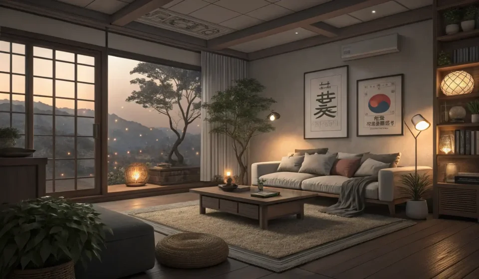 How to Say Smart Home in Korean Thumbnail image depicting a modern Korean living room featuring smart home elements like ambient lig...