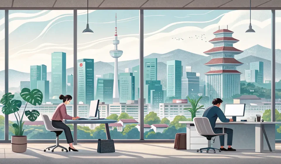How to Say SNS Marketing Agency in Korean Illustration of a modern Korean office with abstract social media icons and network lines, symbolizi...