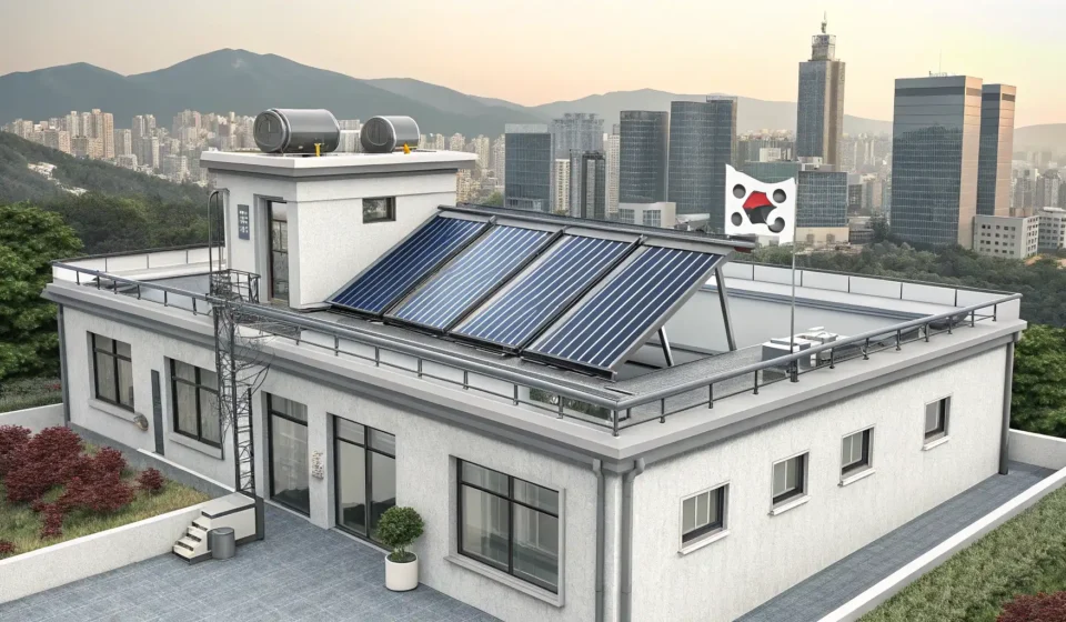 How to Say Solar Thermal Installation Business in Korean Solar thermal collector panels installed on a modern Korean rooftop under bright sunshine, illustrat...