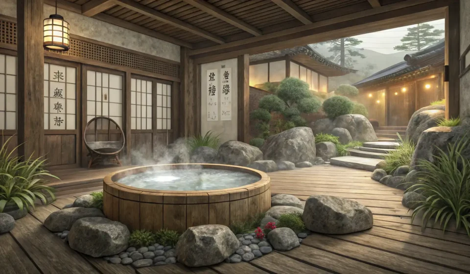How to Use a Korean Spa (Oncheon) Tranquil interior of a traditional Korean spa (oncheon) featuring a steaming hot bath and natural el...