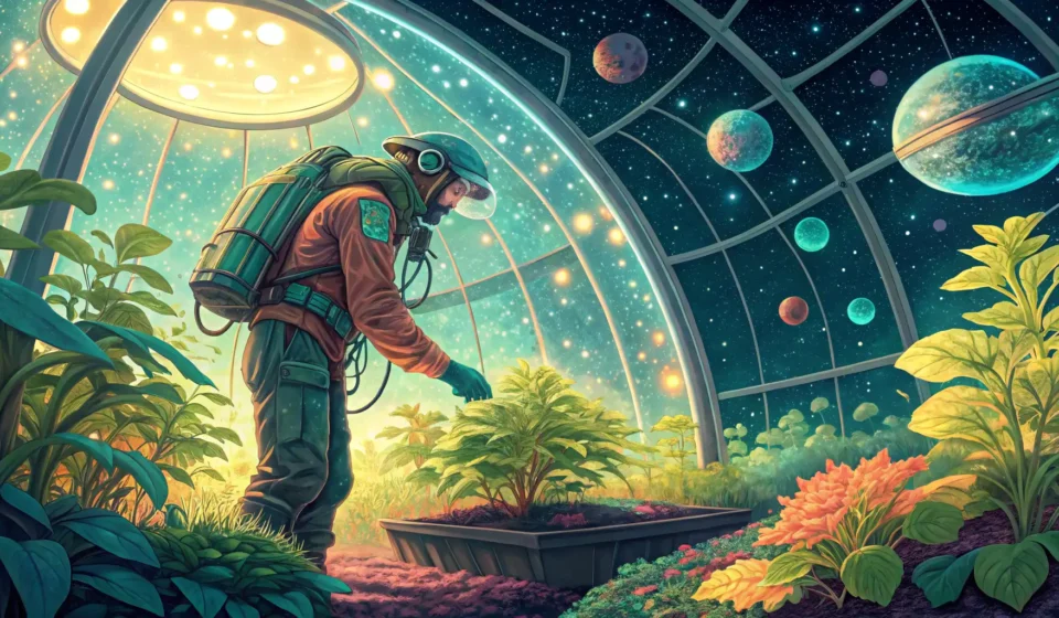 How to Talk About Space Farming and Cosmic Negotiations in Korean Illustration of a space farmer inside an orbital biodome with plants, reaching towards a colorful co...