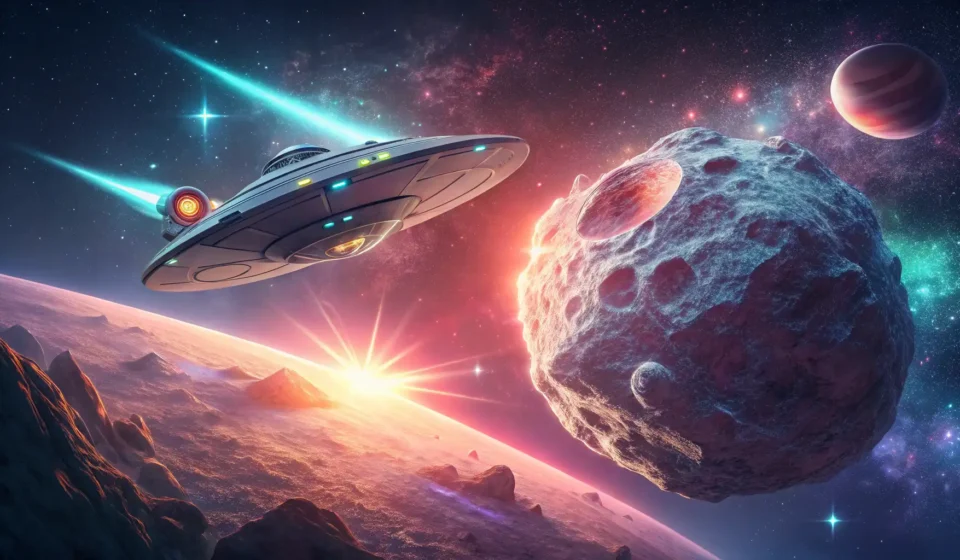 How to Negotiate with a Sentient Asteroid in Korean A spaceship communicates with a glowing asteroid via energy lines, symbolizing a Korean language les...