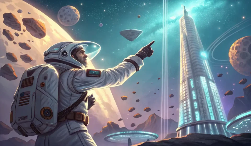 How to Discuss Space Mining Negotiations with Moon Shadows in Korean Stylized illustration of a space miner negotiating with a shadowy figure on the moon, representing a...
