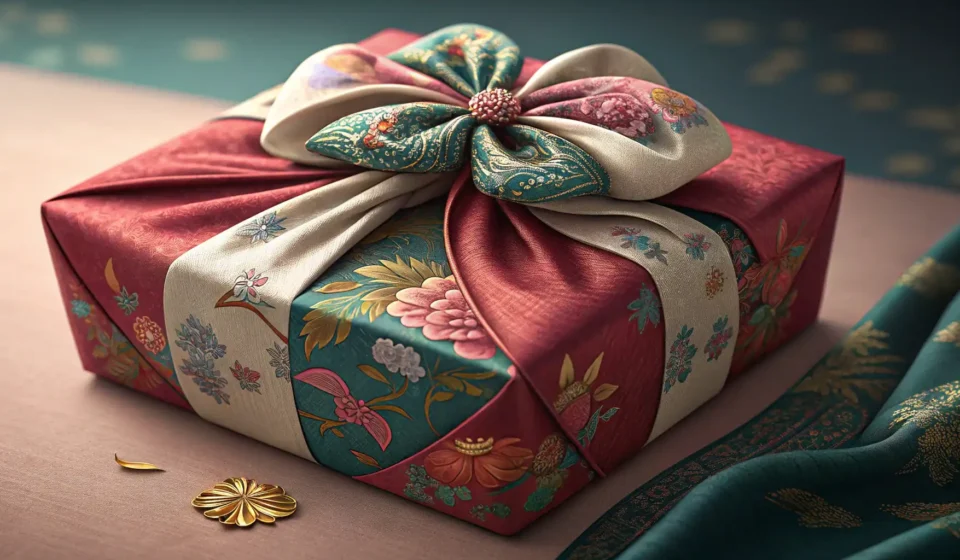 How to Ask for a Special Order for a Birthday Gift in Korean A gift box elegantly wrapped in colorful traditional Korean bojagi fabric, symbolizing a special bir...