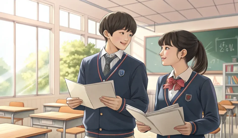 Asking for Speech Advice in Korean: Student to Peer Two Korean students in a school classroom; one student appears to be asking a peer for advice on spe...