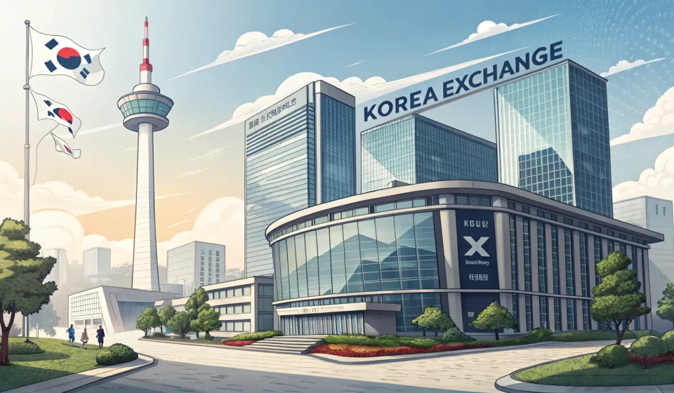 How to Say Stock Trading in Korean Illustration of the Korea Exchange building in Seoul, symbolizing learning Korean vocabulary for sto...