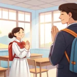 How to Say International Contract in Korean Illustration depicting a Korean student respectfully interacting with a teacher in a bright, modern...