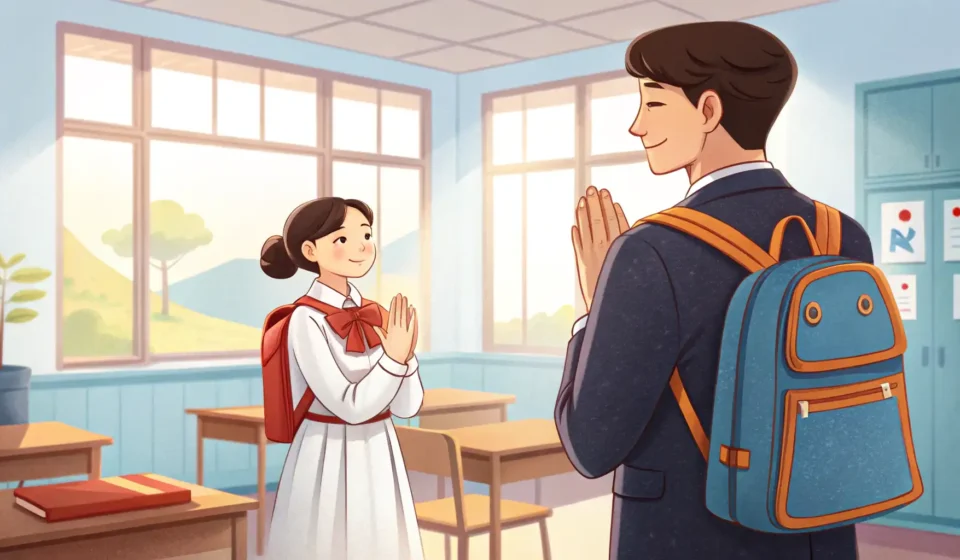 Asking About a Math Competition in Korean: Student-Teacher Interactions Illustration depicting a Korean student respectfully interacting with a teacher in a bright, modern...